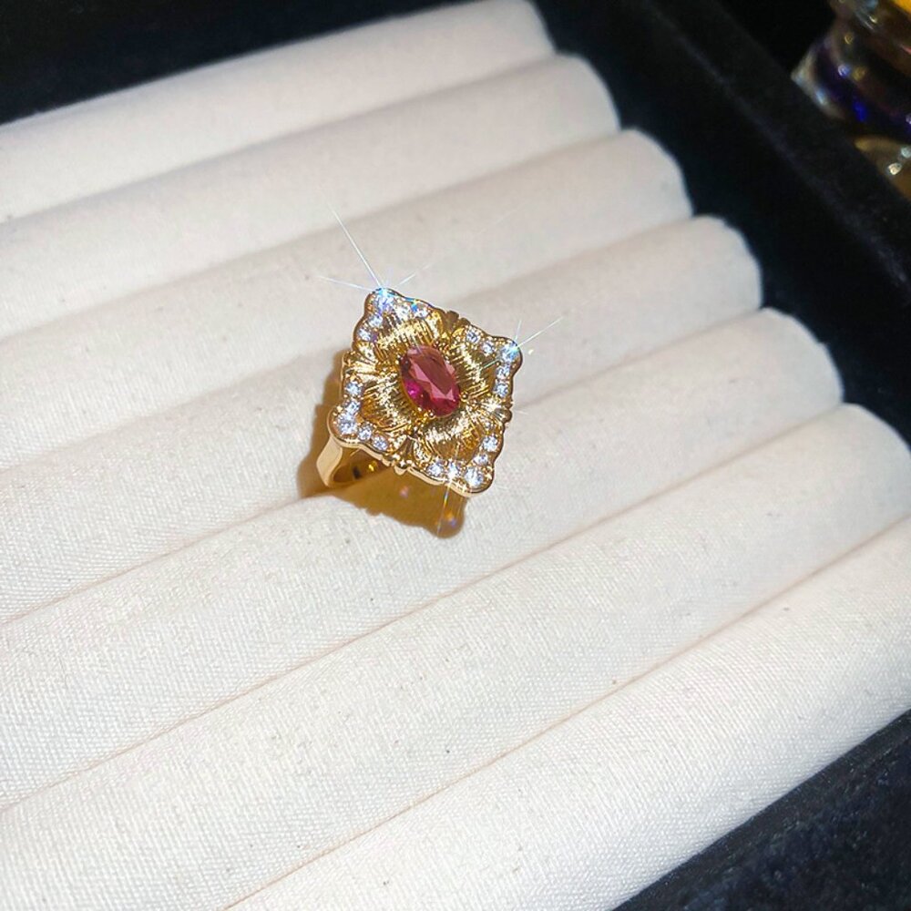 Vintage Real Gold Plated Cubic Zirconia Adjustable Open Ring Sparkly Trendy